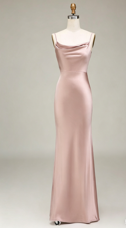 Robe de Demoiselle d'Honneur Sage en Satin Fourreau Bretelles Fines Longue Robe de Soirée EW0817