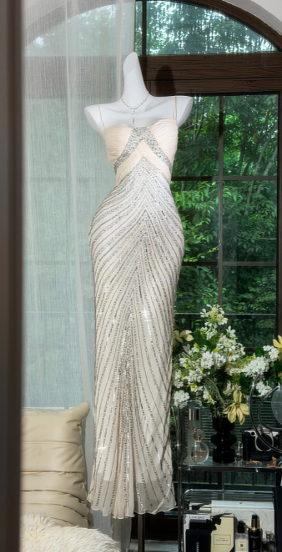 Pretty Apricot Prom Dress Spaghetti Straps Sheath Chiffon Beaded Long Evening Dress EW08183