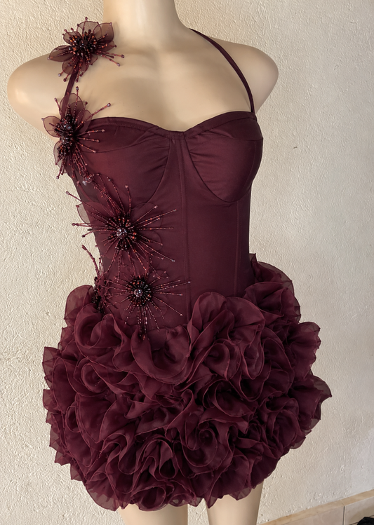 Pretty Short Burgundy Prom Dress Sheath Tulle Beaded Homecoming Dress Halter Birthday Party Dress EW08185