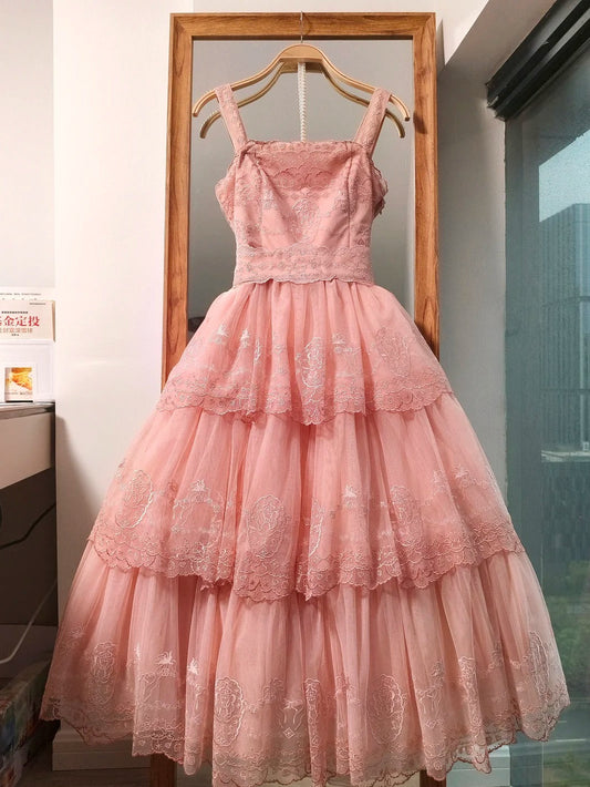 Sweet Strap Ball Gown Lace Prom Dresses, Pink Birthday Dresses EW081
