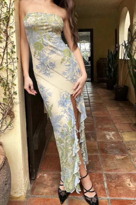 Sexy Strapless Sheath Print Chiffon Prom Dresses, Slit Formal Evening Dresses EW082