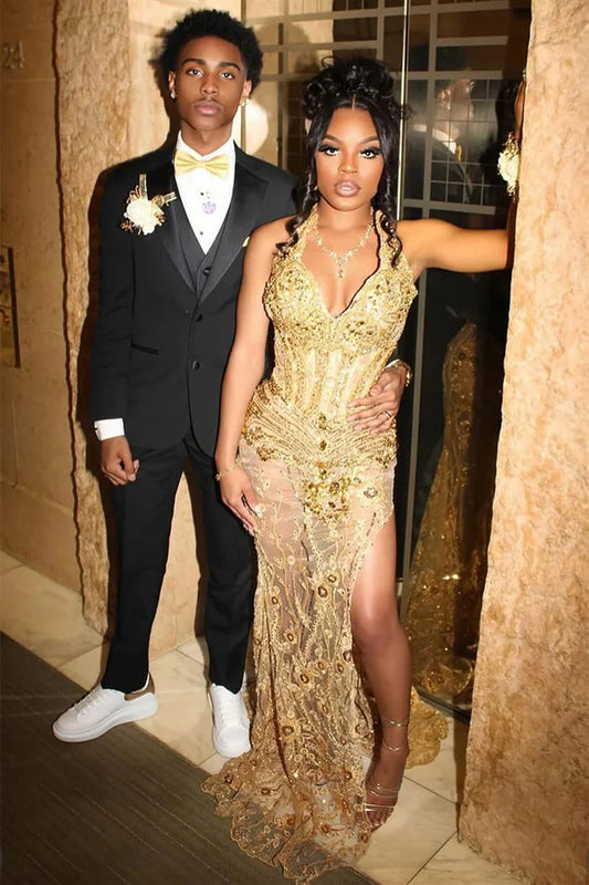 Sexy V-neck Sheath Tulle Long Prom Dresses, Gold Slit Formal Evening Dresses EW083