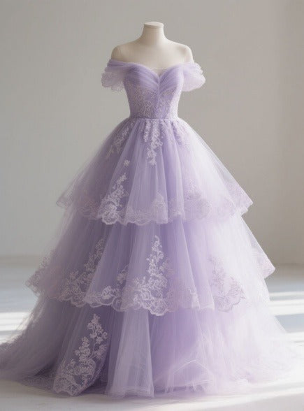 Gorgeous Off-the-shoulder A-Line Tulle Long Prom Dresses, Purple Sweet 16 Dress EW087