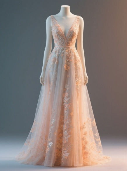 Gorgeous V Neck A-Line Tulle Applique Long Prom Dresses, Light Pink Sweet 16 Dress EW086