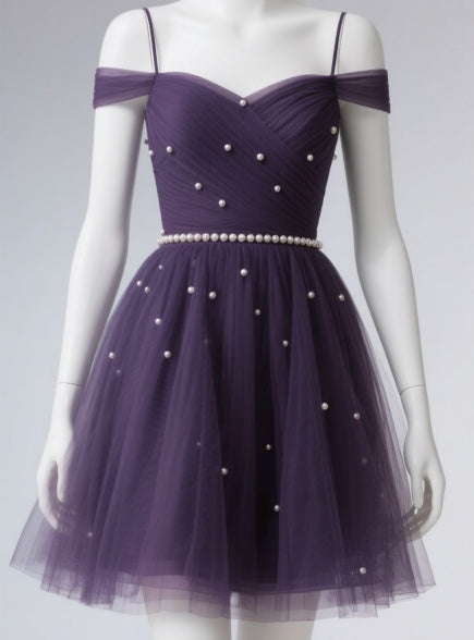 Cute Off-the-shoulder A-Line Tulle Short Prom Dresses, Purple Homecoming Dresses EW088