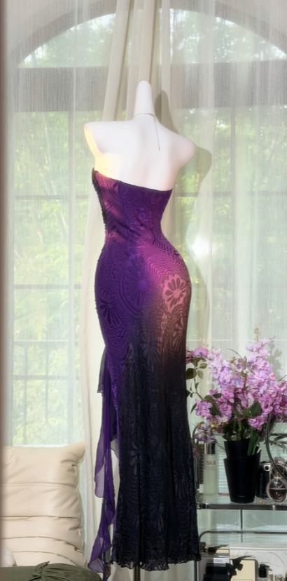 Robe de Soirée Longue en Chiffon, Corsage Cœur, Robe Formelle Perlée, Robe de Bal Romantique Violette EW08945