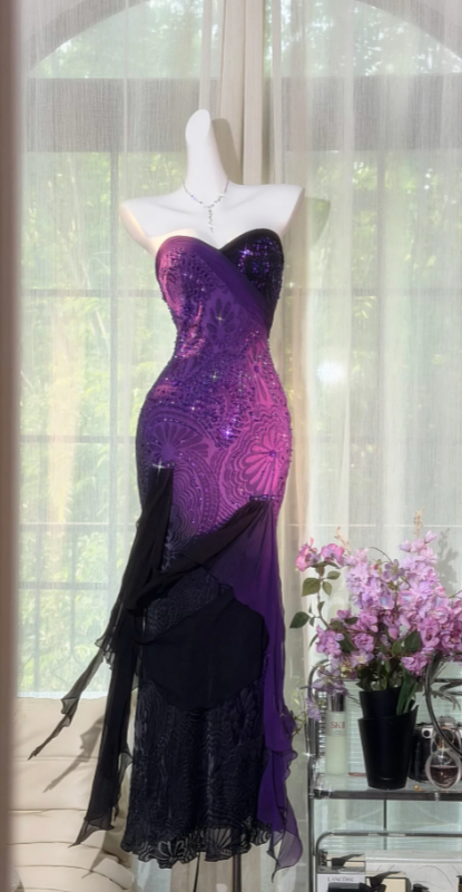 Sweetheart Sheath Chiffon Long Evening Dress Beaded Formal Dress Romantic Purple Prom Dress EW08945