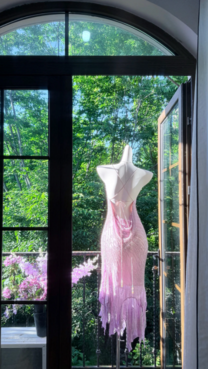 Robe longue de soirée en mousseline fourreau à fines bretelles, ornée de perles, dos nu, robe de bal rose romantique EW08946