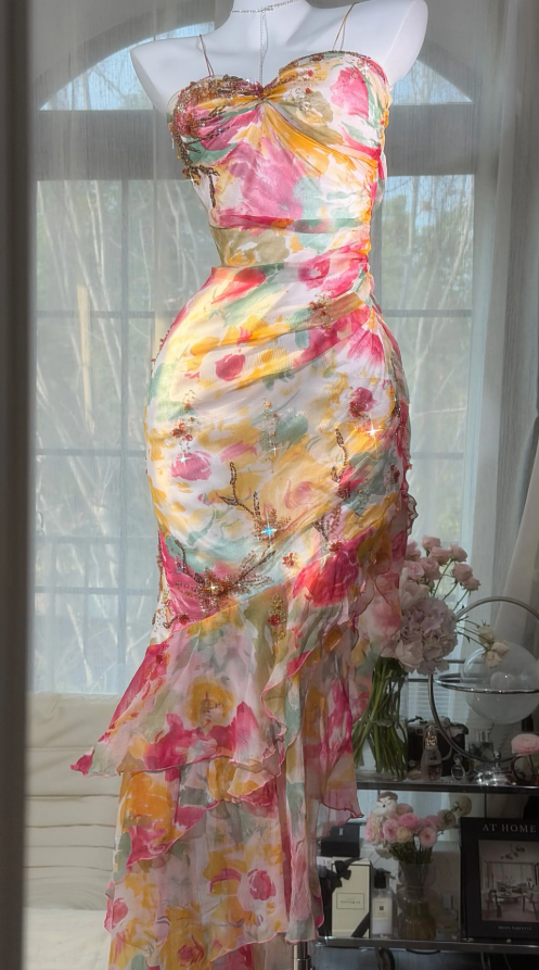 Spaghetti Straps Sheath Long Evening Dress Floral Formal Dress Romantic Chiffon Prom Dress EW08947