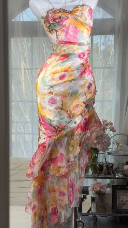 Robe longue de soirée fourreau à fines bretelles, robe de cérémonie florale, robe de bal romantique en mousseline EW08947