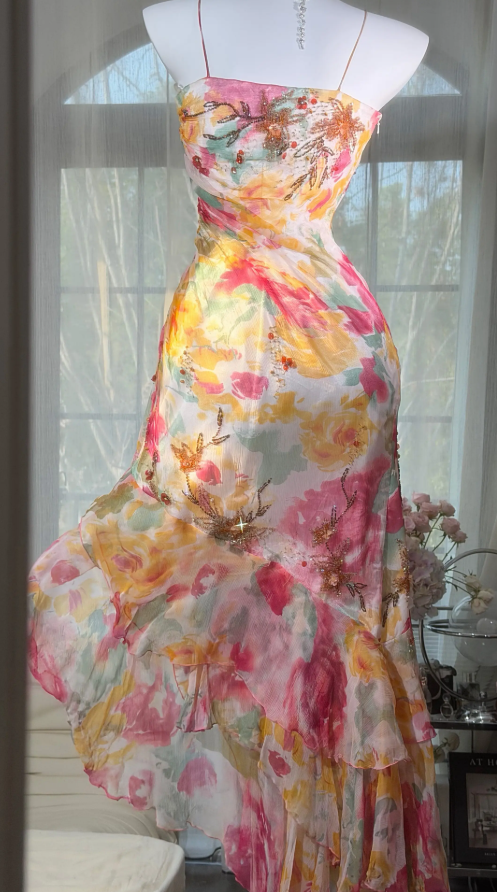 Robe longue de soirée fourreau à fines bretelles, robe de cérémonie florale, robe de bal romantique en mousseline EW08947