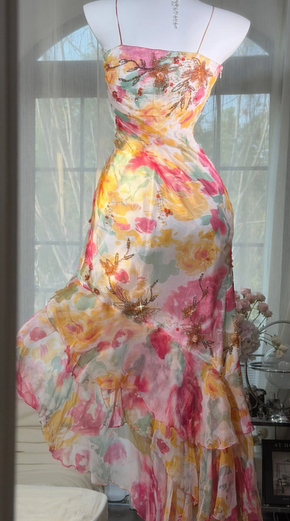 Robe longue de soirée fourreau à fines bretelles, robe de cérémonie florale, robe de bal romantique en mousseline EW08947