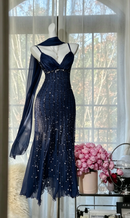 Spaghetti Straps Sheath  Chiffon Long Evening Dress Beaded Formal Dress Romantic Navy Blue Prom Dress EW08948