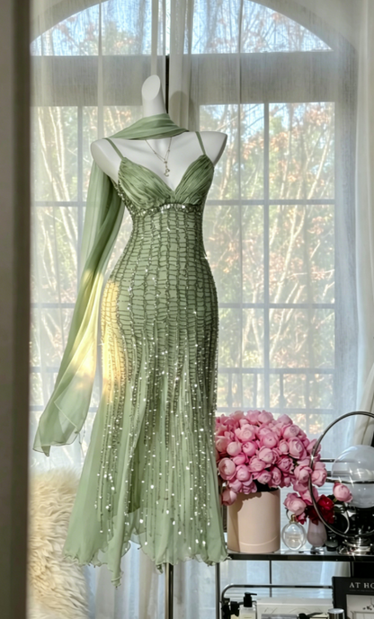 Robe longue de soirée fourreau en mousseline à fines bretelles, ornée de perles, robe de bal romantique bleu marine EW08948