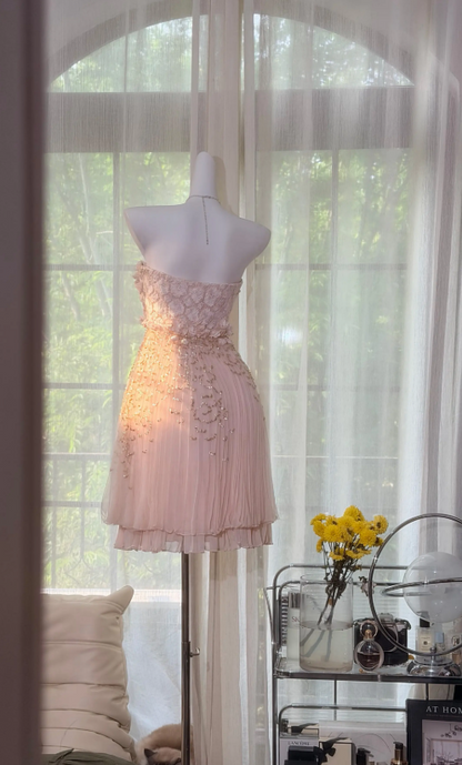 Robe de bal courte en mousseline fourreau bustier ornée de perles, robe d'anniversaire rose romantique EW08949