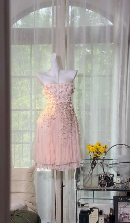 Robe de bal courte en mousseline fourreau bustier ornée de perles, robe d'anniversaire rose romantique EW08949