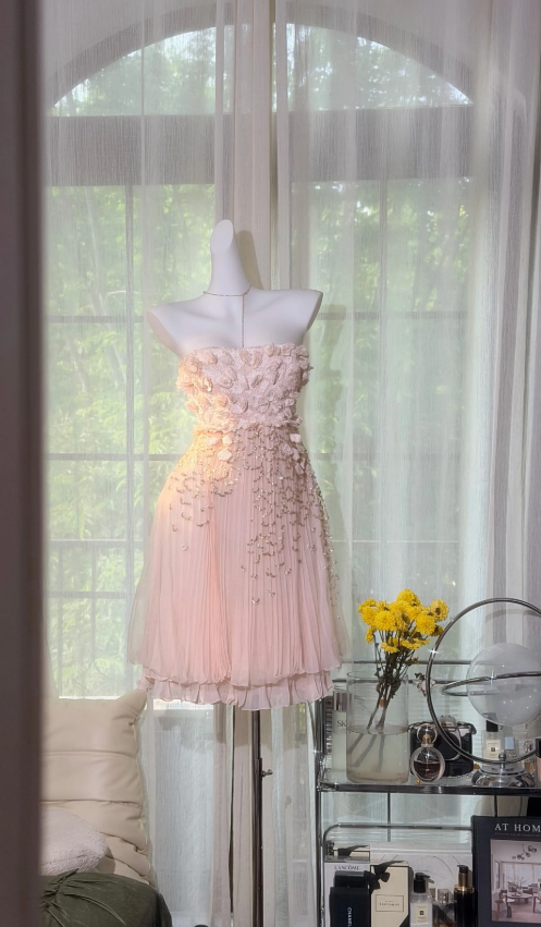 Strapless Sheath Chiffon Short Prom Dress Beaded Birthday Dress Romantic Pink Birthday Dress EW08949