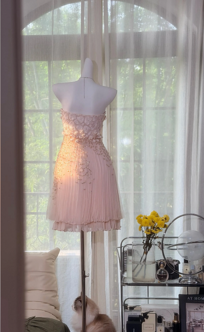 Robe de bal courte en mousseline fourreau bustier ornée de perles, robe d'anniversaire rose romantique EW08949