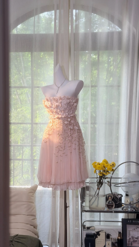 Strapless Sheath Chiffon Short Prom Dress Beaded Birthday Dress Romantic Pink Birthday Dress EW08949
