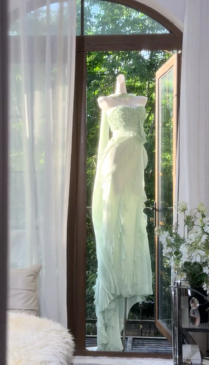 Schickes Spaghetti-Träger-Etui-Abendkleid aus Chiffon in Mintgrün – Ballkleid EW08956