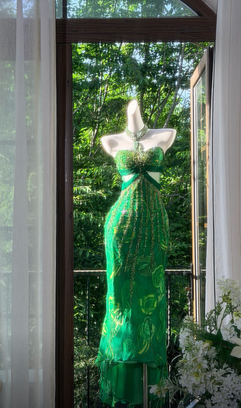 Robe de Soirée Longue en Mousseline Perlé Coupe Fourreau Chic Col Américain Vert Robe de Bal EW08958