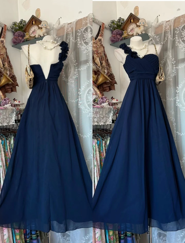Chic One-shoulder Sheath Chiffon Long Evening Dress Navy Blue Prom Dress EW08960