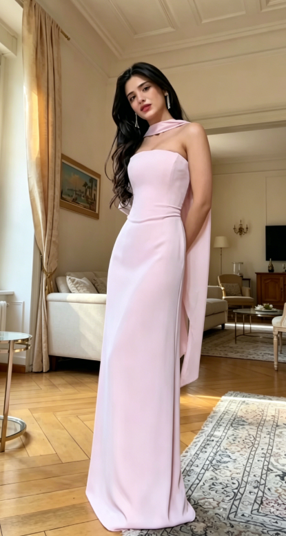 Chic Strapless Sheath Chiffon Long Evening Dress Pink Wedding Guest Dress EW08962