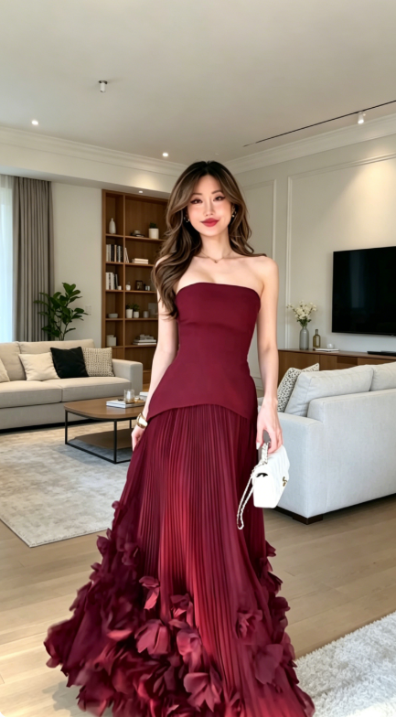 Chic Strapless Sheath Chiffon Evening Dress Dark Red Wedding Guest Dress EW08963