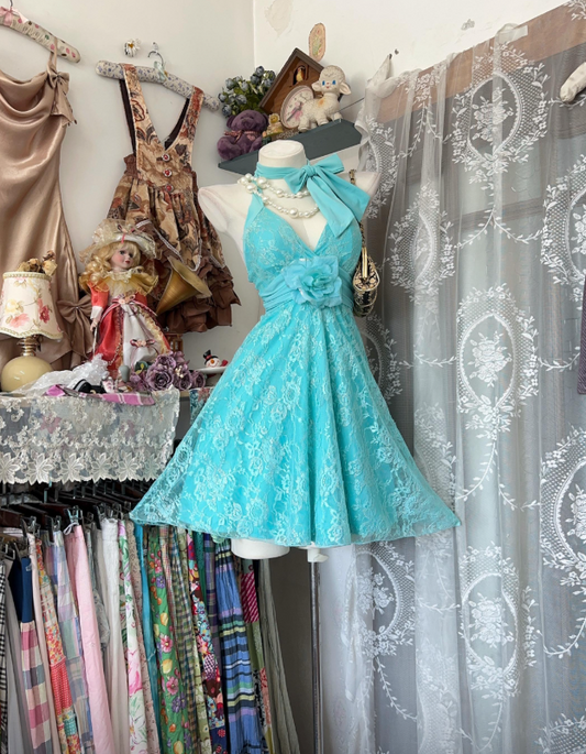 Chic V-neck Birthday Dress A-Line Lace Party Dress Blue Short Prom Dress EW08965