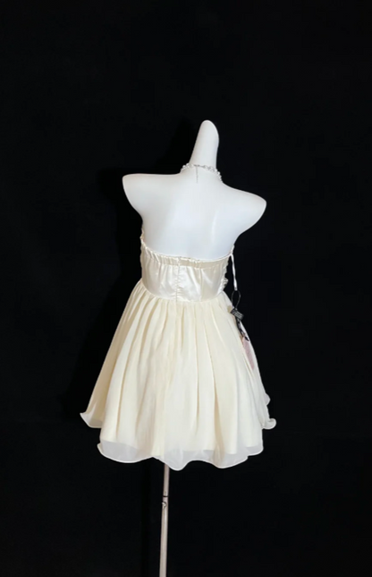 Robe d'anniversaire sans bretelles chic Fourreau en mousseline Robe de vacances champagne Robe de bal courte EW08967