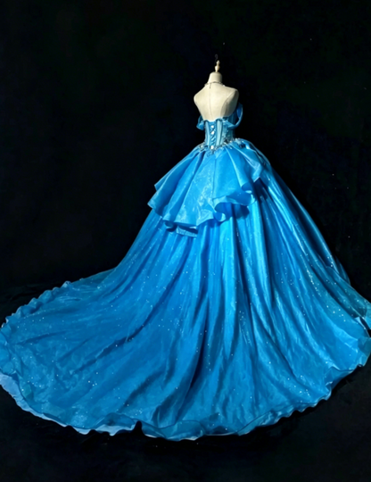 Magnifique robe de bal Quinceañera à épaules dénudées en tulle pour le bal de promo, robe de cérémonie bleue pour les 16 ans EW08972