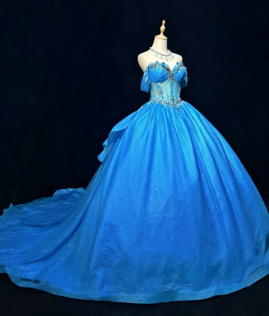 Gorgeous Off-shoulder Ball Gown Quinceanera Dress Tulle Prom Dress Blue Sweet 16 Dress EW08972