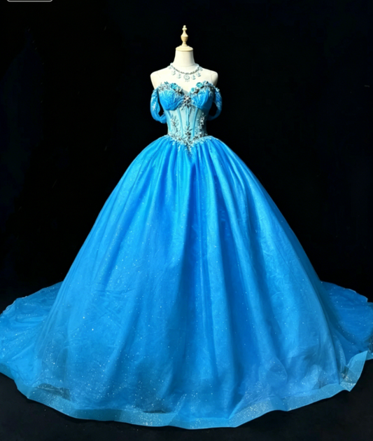Gorgeous Off-shoulder Ball Gown Quinceanera Dress Tulle Prom Dress Blue Sweet 16 Dress EW08972