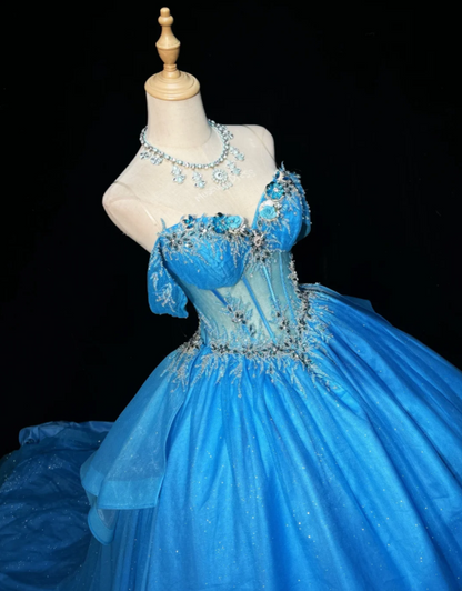 Magnifique robe de bal Quinceañera à épaules dénudées en tulle pour le bal de promo, robe de cérémonie bleue pour les 16 ans EW08972