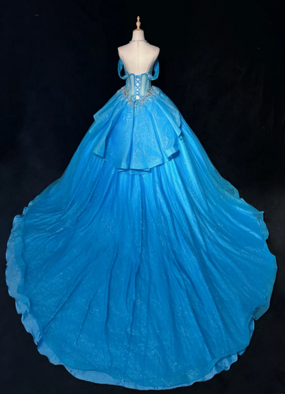 Magnifique robe de bal Quinceañera à épaules dénudées en tulle pour le bal de promo, robe de cérémonie bleue pour les 16 ans EW08972