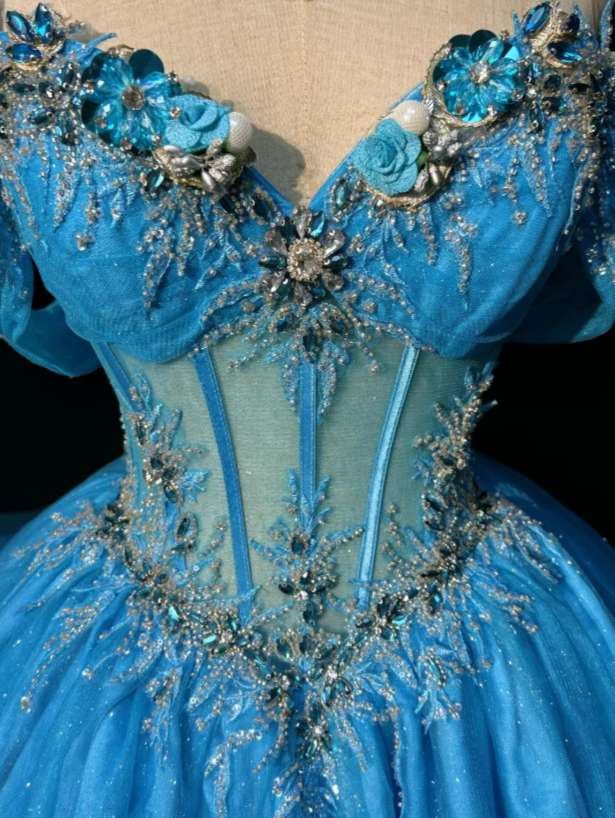 Magnifique robe de bal Quinceañera à épaules dénudées en tulle pour le bal de promo, robe de cérémonie bleue pour les 16 ans EW08972