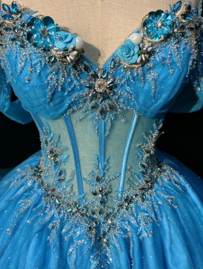 Magnifique robe de bal Quinceañera à épaules dénudées en tulle pour le bal de promo, robe de cérémonie bleue pour les 16 ans EW08972