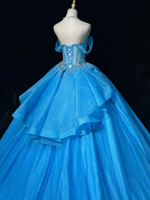 Magnifique robe de bal Quinceañera à épaules dénudées en tulle pour le bal de promo, robe de cérémonie bleue pour les 16 ans EW08972