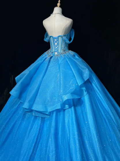 Magnifique robe de bal Quinceañera à épaules dénudées en tulle pour le bal de promo, robe de cérémonie bleue pour les 16 ans EW08972
