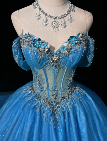 Magnifique robe de bal Quinceañera à épaules dénudées en tulle pour le bal de promo, robe de cérémonie bleue pour les 16 ans EW08972