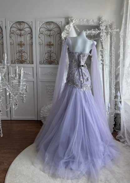 Wunderschönes trägerloses Etui-Abendkleid aus Tüll mit Applikationen, Sweet 16 Kleid, lavendelfarbenes Ballkleid EW08973