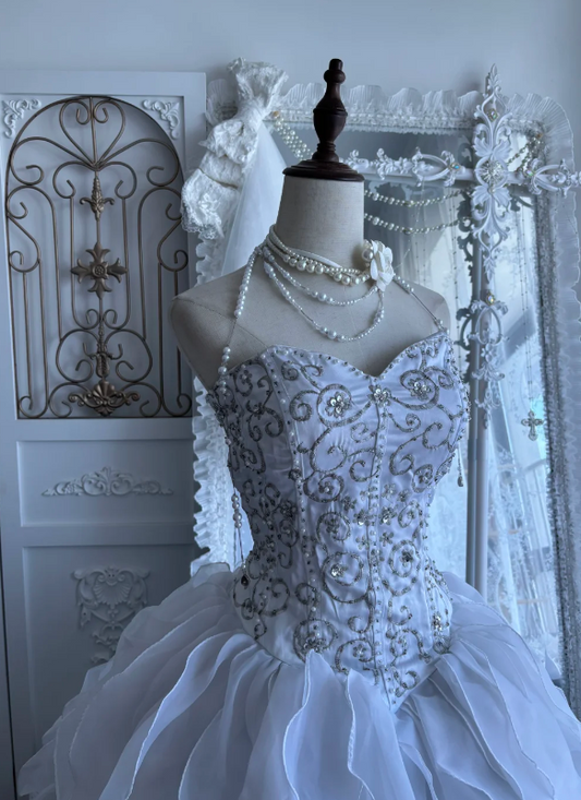 Gorgeous Strapless A-Line Long Evening Dress Tulle Appliques Sweet 16 Dress White Prom Dress EW08974