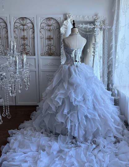Magnifique robe de soirée longue bustier évasée en tulle avec appliques, robe de 16 ans, robe de bal blanche EW08974