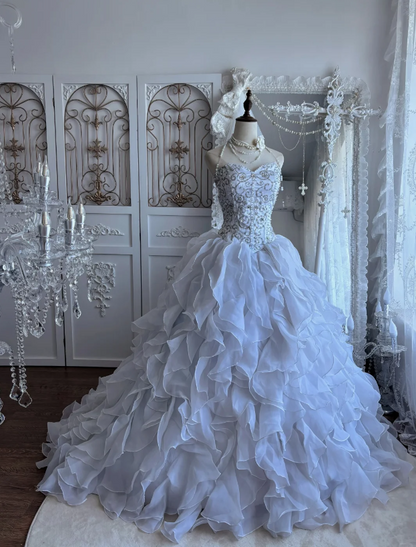 Magnifique robe de soirée longue bustier évasée en tulle avec appliques, robe de 16 ans, robe de bal blanche EW08974