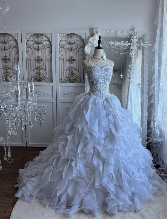 Gorgeous Strapless A-Line Long Evening Dress Tulle Appliques Sweet 16 Dress White Prom Dress EW08974