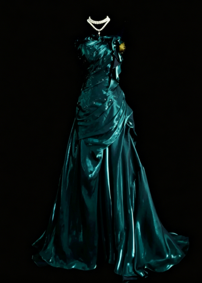 Robe de bal élégante sarcelle sans bretelles en satin Robe de soirée longue fourreau EW08975