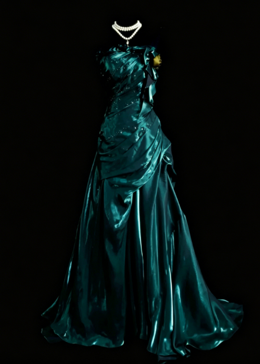 Robe de bal élégante sarcelle sans bretelles en satin Robe de soirée longue fourreau EW08975