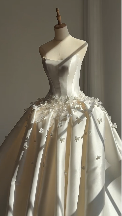 Chic Strapless A-Line Wedding Dress Satin White Bridal Gown Sleeveless Bridal Dress EW08979