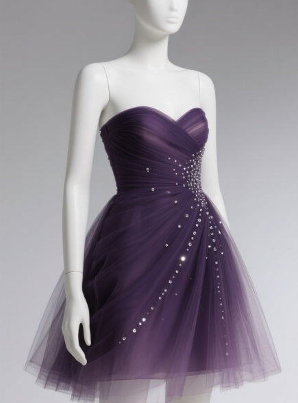 Cute Sweetheart Neck A-Line Tulle Short Prom Dresses, Dark Purple Homecoming Dresses EW090