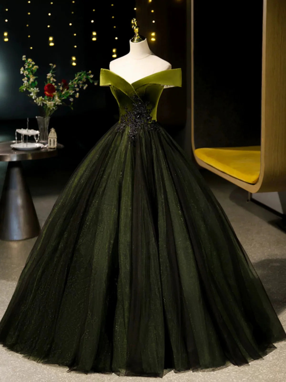 A-Line Off Shoulder Velvet Tulle Green Long Prom Dress, Green Long Formal Dress EW091